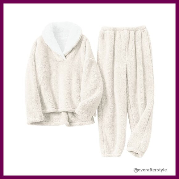 Fluffy Sherpa Fleece Pajama Set Cozy Oversized Loungewear Winter Sleepwear